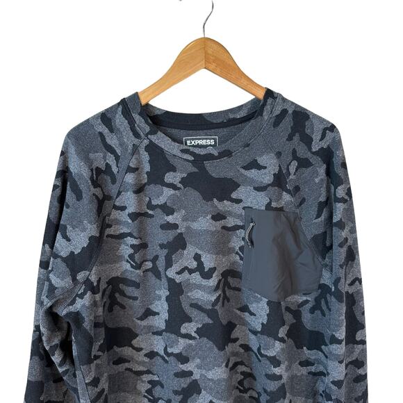 EXPRESS Men's Camouflage Crew Neck Pocket Pullover Sweatshirt Gray Large Casual - Picture 3 of 6